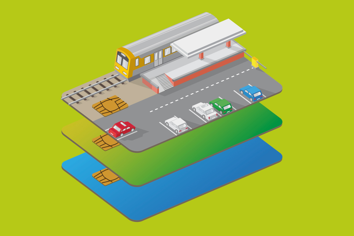  Ilustração de comboio em estação com parqueamento, com cartões bancários na base, sobre fundo verde 