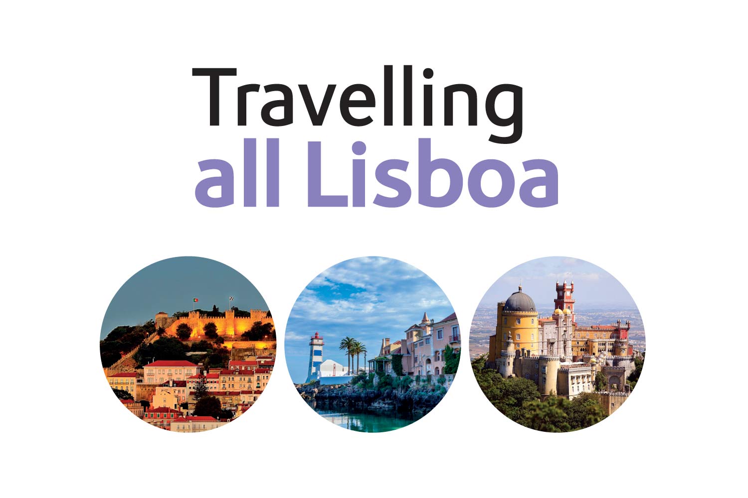 Imagens de pontos turísticos de Lisboa, Cascais e Sintra, em círculos, em fundo branco.