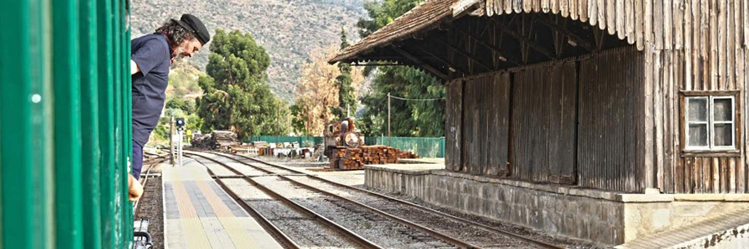 The driver standing next to the train, which is stopped in front of a shed.