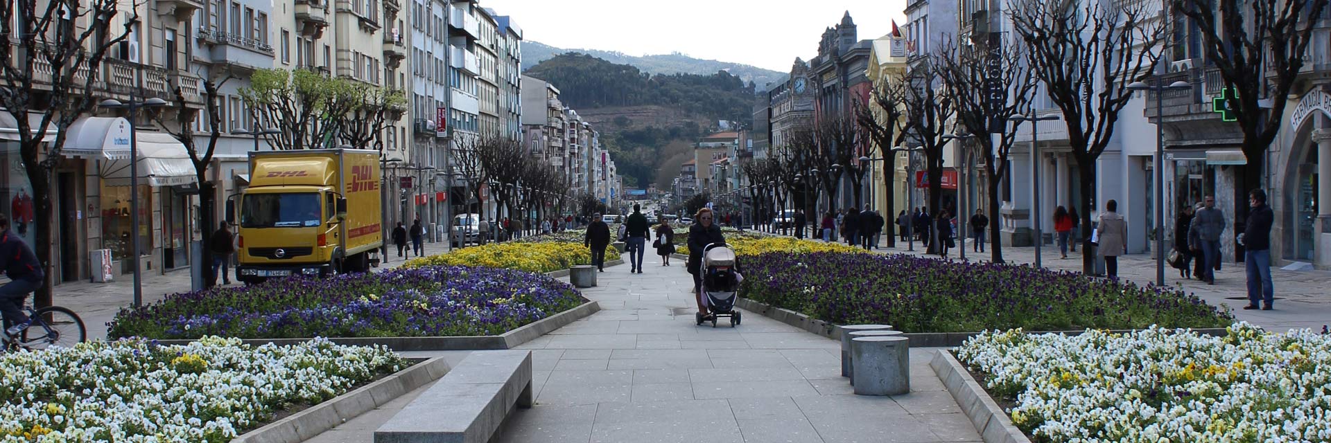 Avenida da Liberdade, a pedestrian street in the city, with several flowerbeds and people.