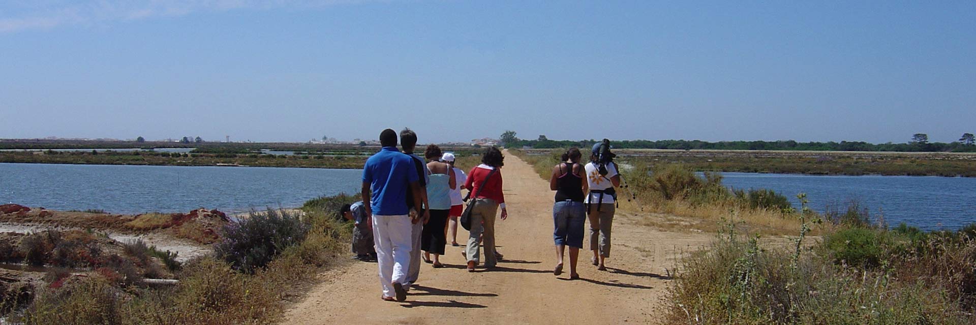 Pessoas a caminhar num trilho de terra batida no Parque Natural da Ria Formosa.
