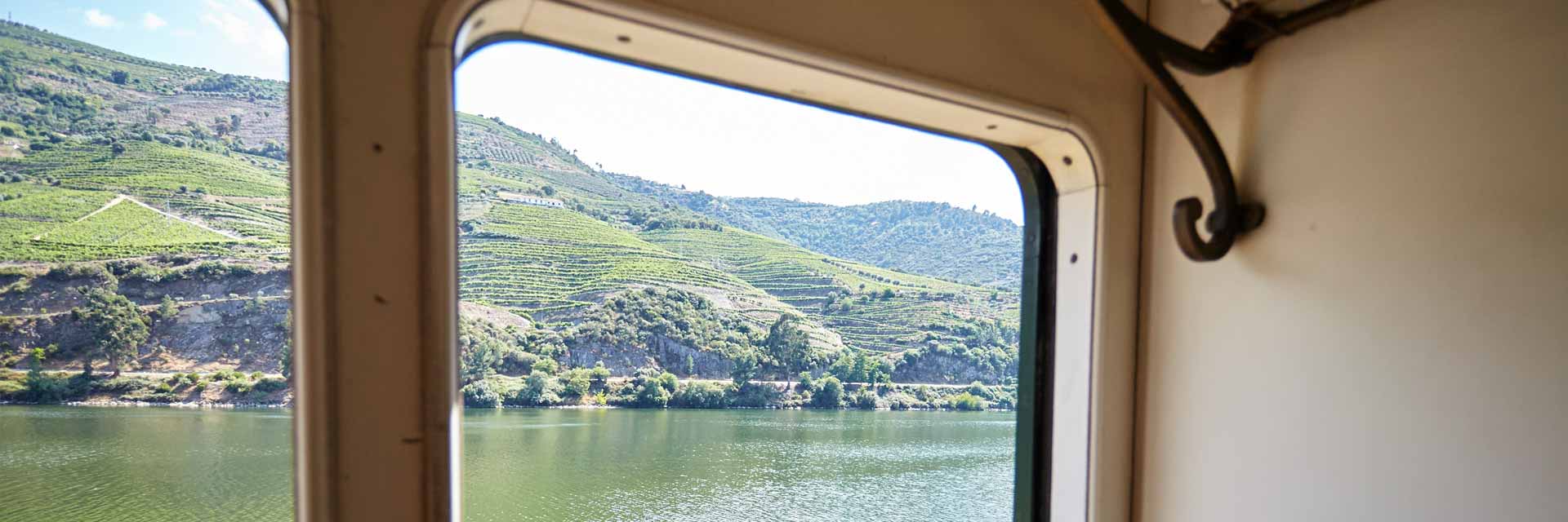 Terraced fields along the Douro River, seen from the window of a historic carriage traveling on the opposite bank.