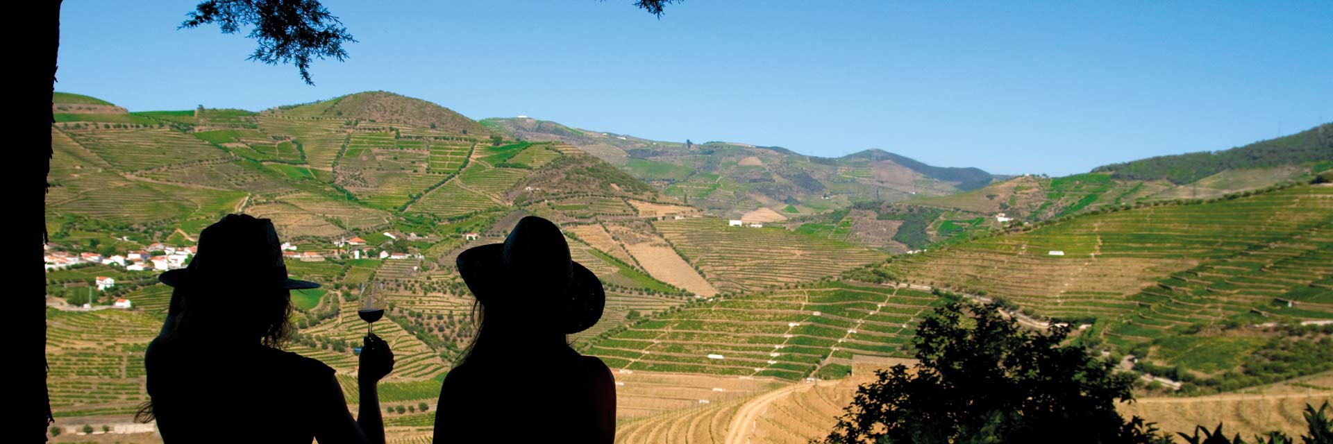 Profiles of two people wearing hats, one holding a glass of wine, enjoying the terraced mountain scenery along the Douro River valley.