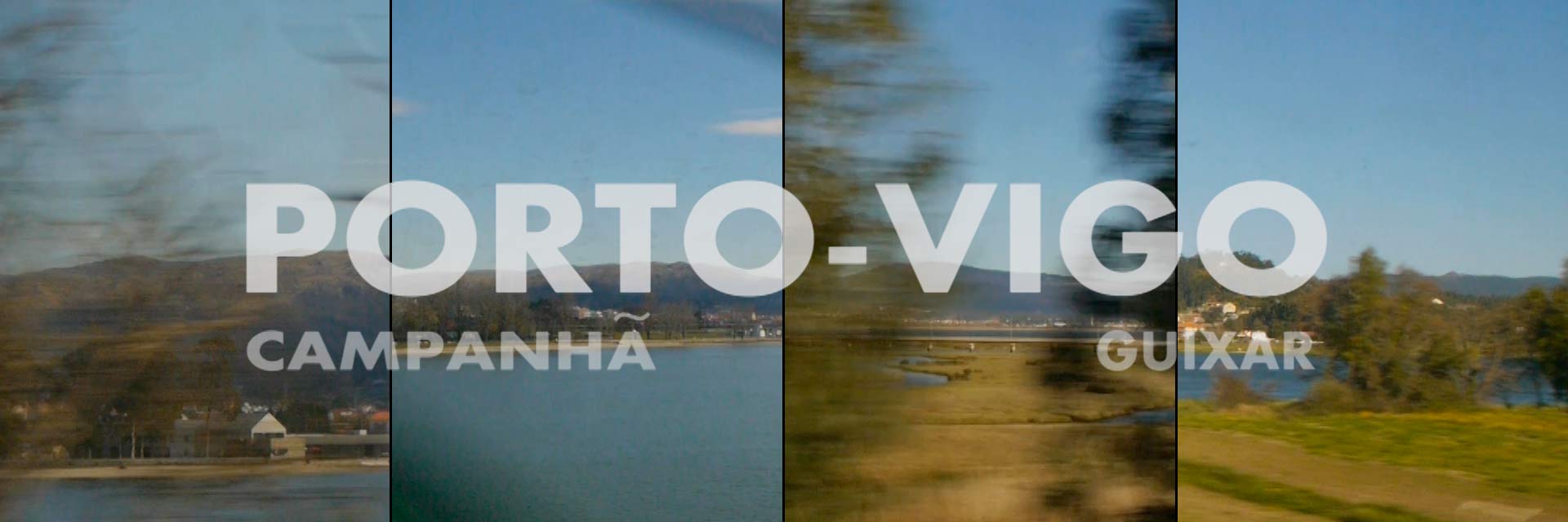 composição de 4 imagens de um vídeo da viagem a Vigo, com paisagens e escrito Porto Campanhã - Vigo Guixar.