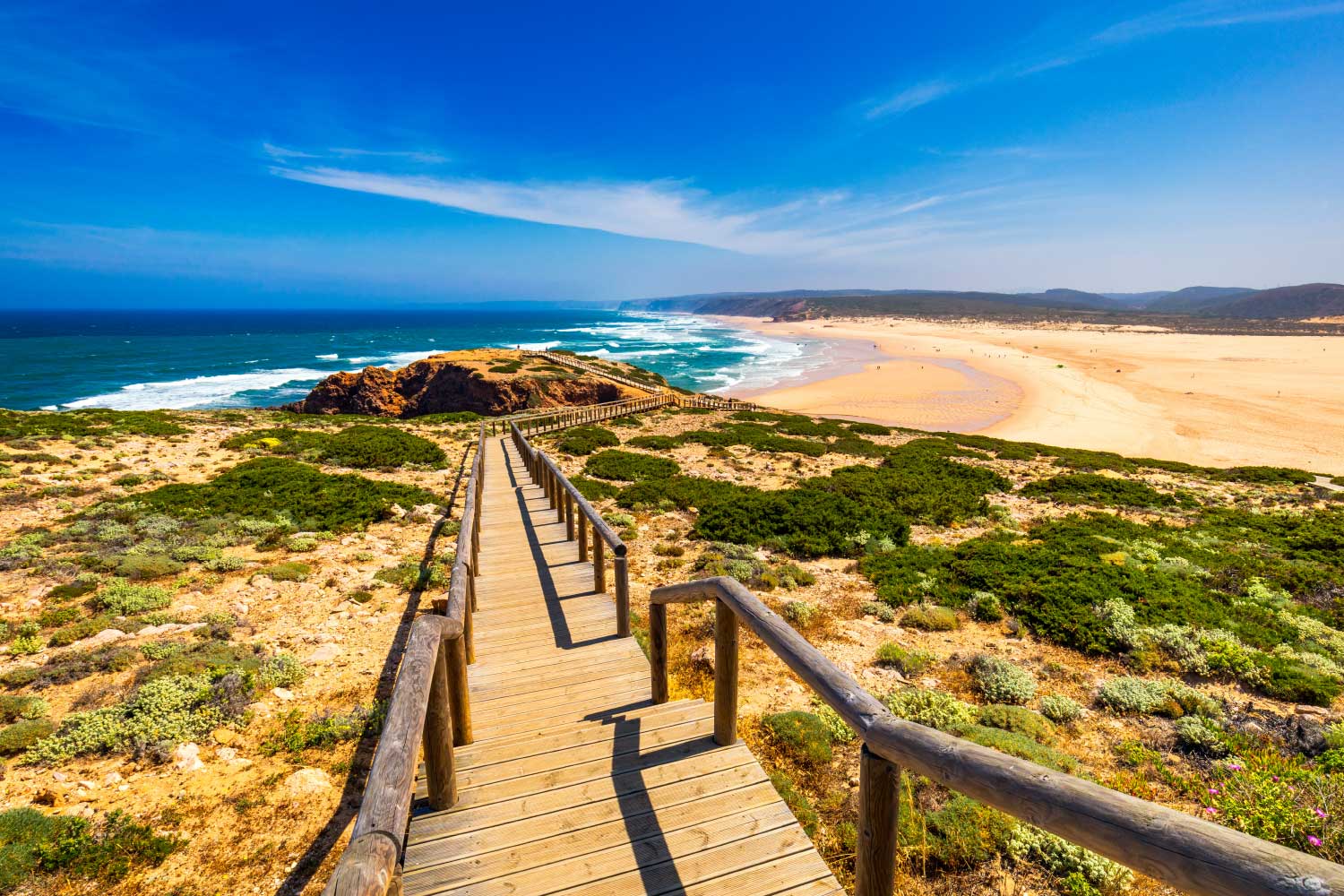 Imagem de uma praia com passadiços e falésias ao fundo