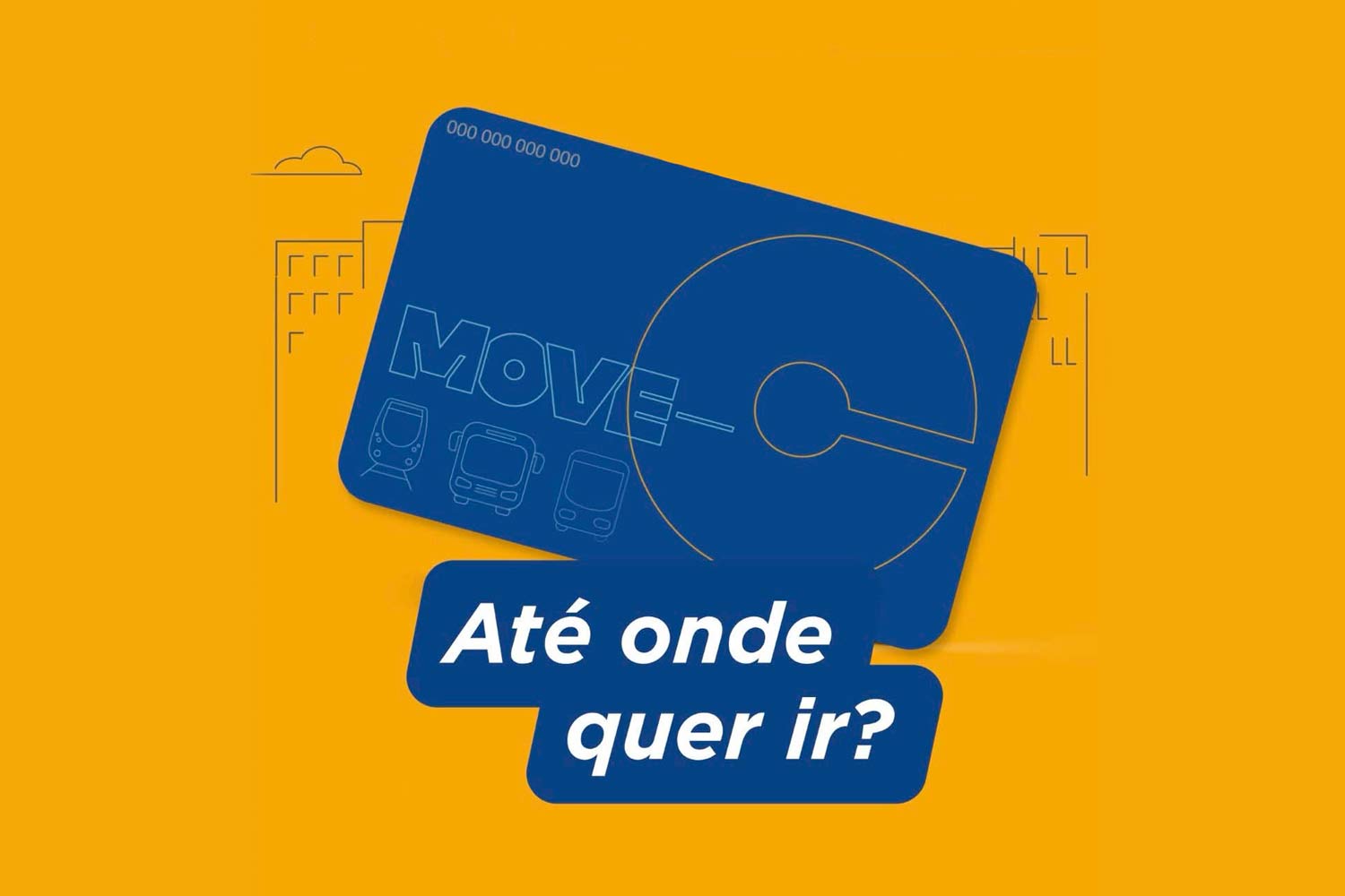 Imagem em duas cores, amarelo e azul: fundo amarelo com prédios em rescos azuis e o cartão em azul com 3 meios de transportes e o texto Move-C, em riscos azul e amarelo e ainda texto a branco