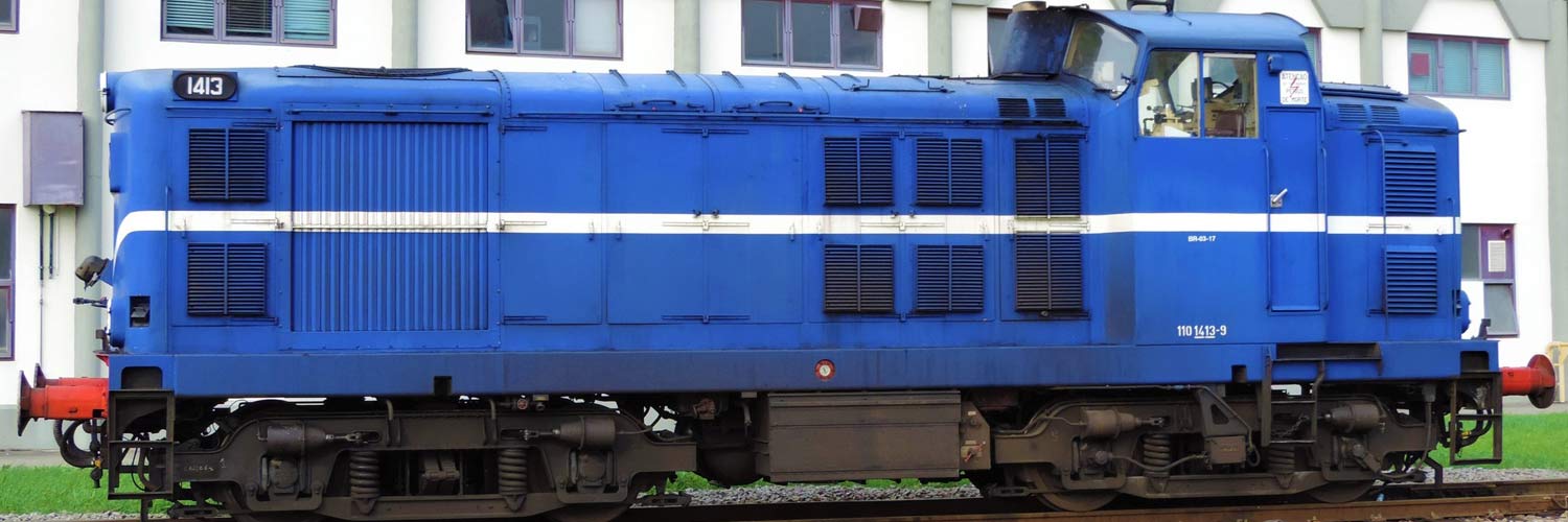 CP 1400 series diesel locomotive with blue livery stopped in one of the station lines.