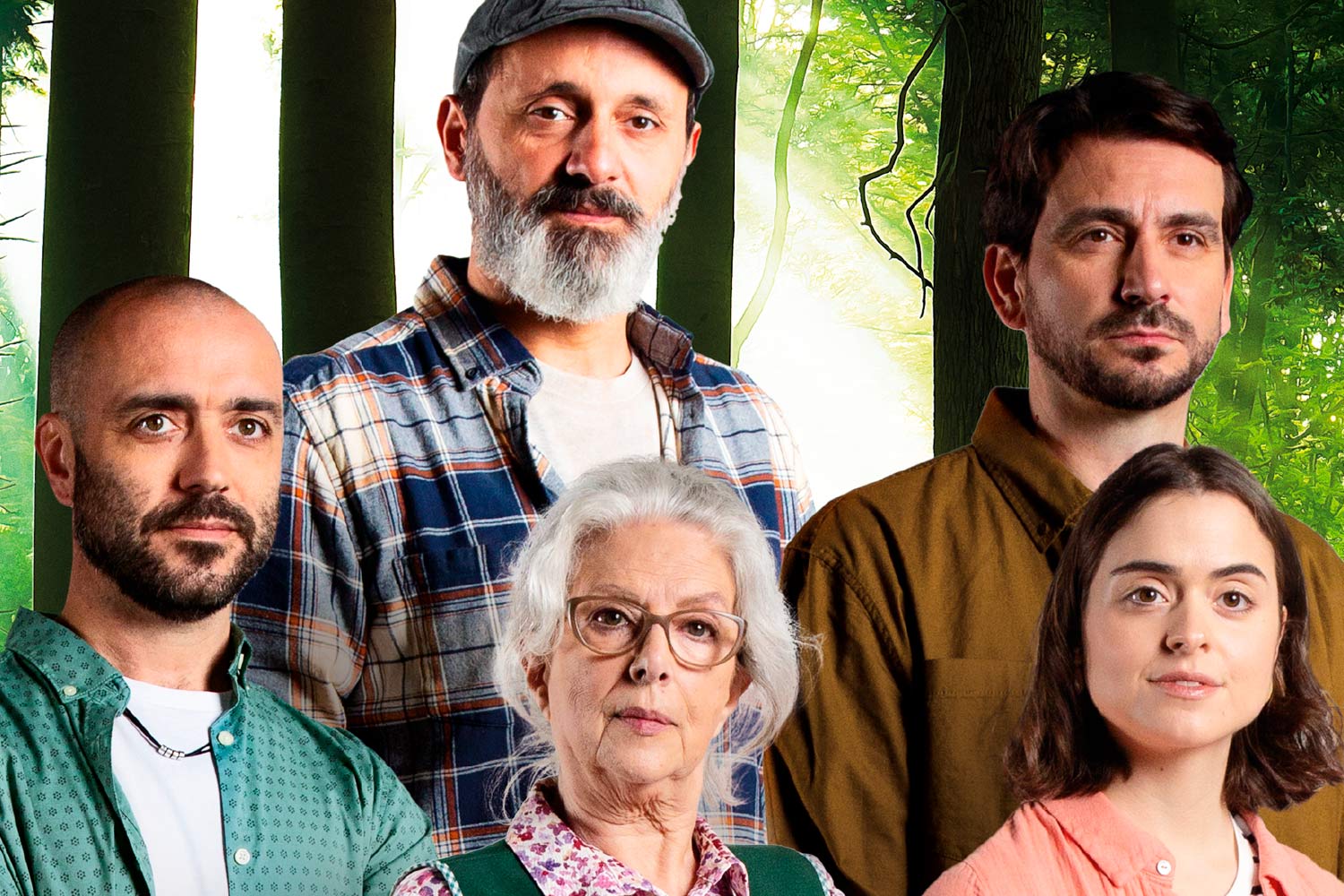 Five people, in close-up, in front of a forest.