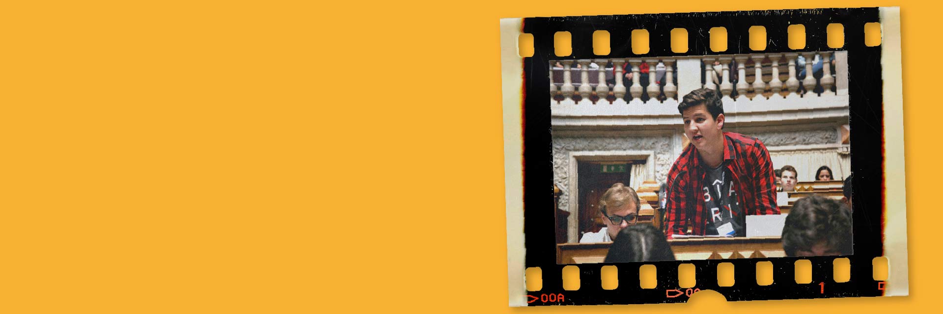 Orange background, with an image of a young person in Parliament on the right.