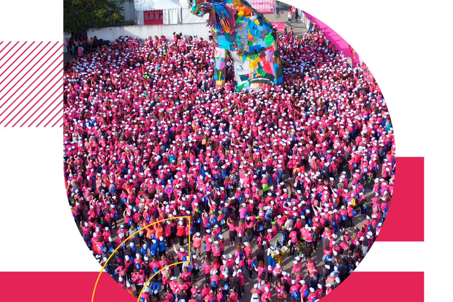 Image with pink and white colours and a group of people. 