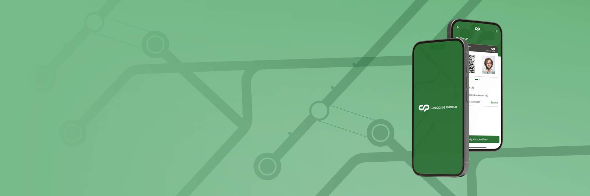 Imagem verde, com ilustração de de comboio e 2 telemóveis à direita com a App CP.