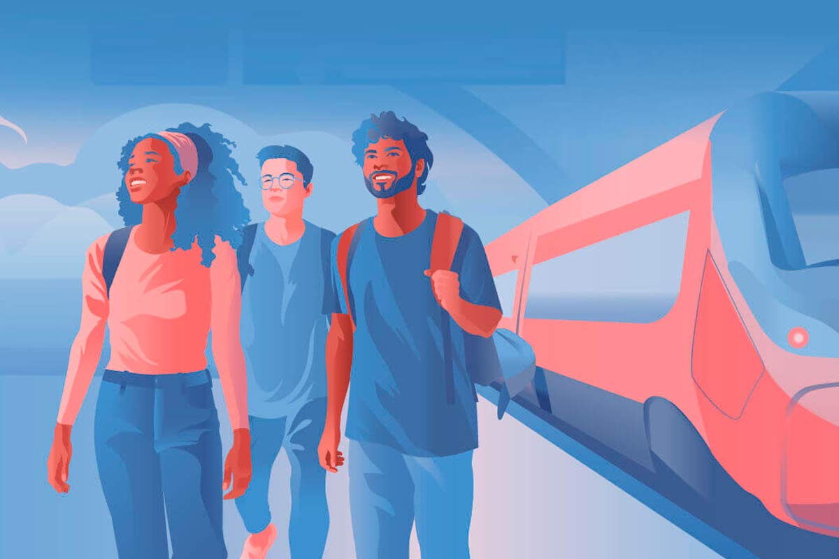 Graphics in shades of red and blue, with customers next to a train on the platform.