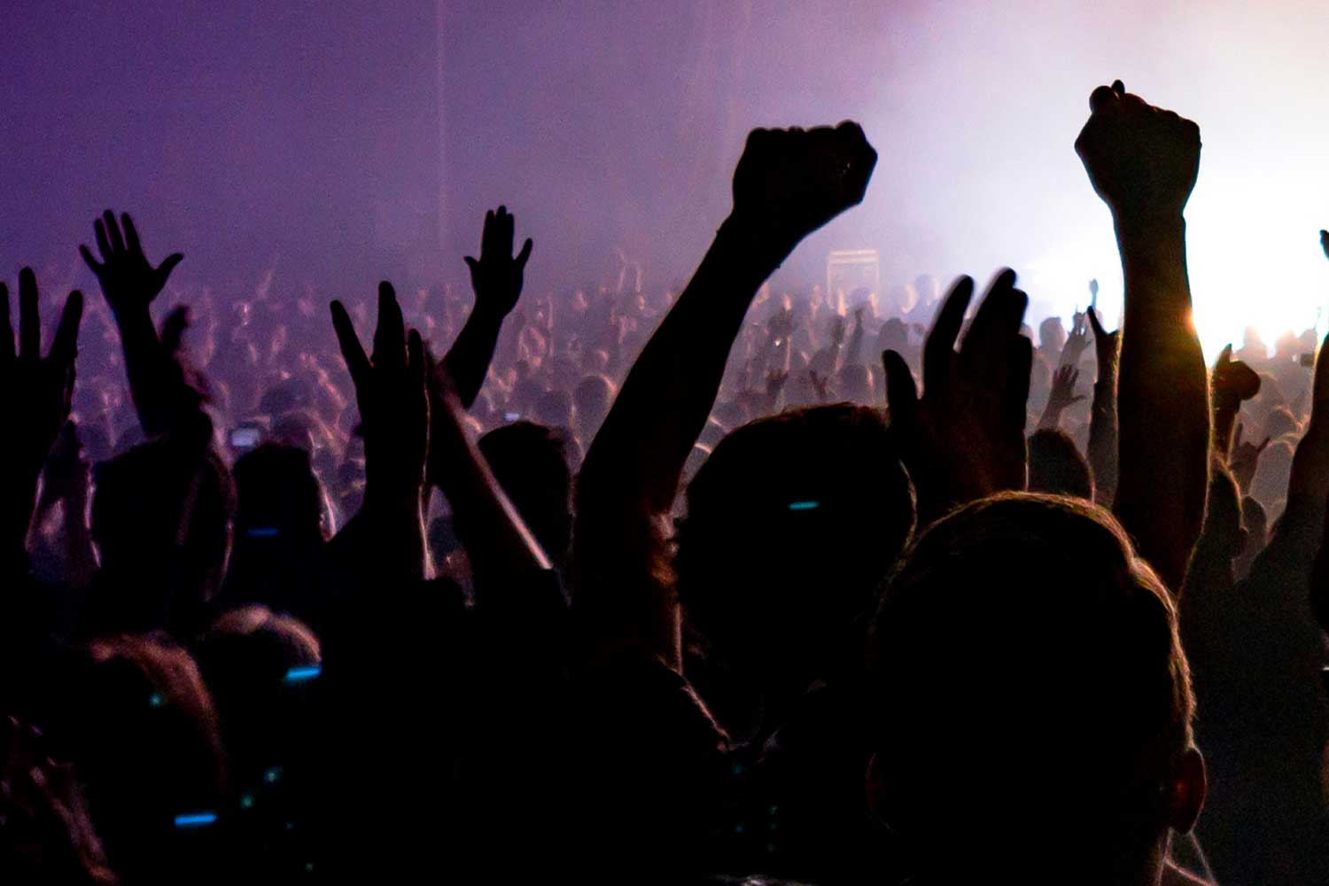A colour photograph of people with their arms raised in the air, watching a concert.