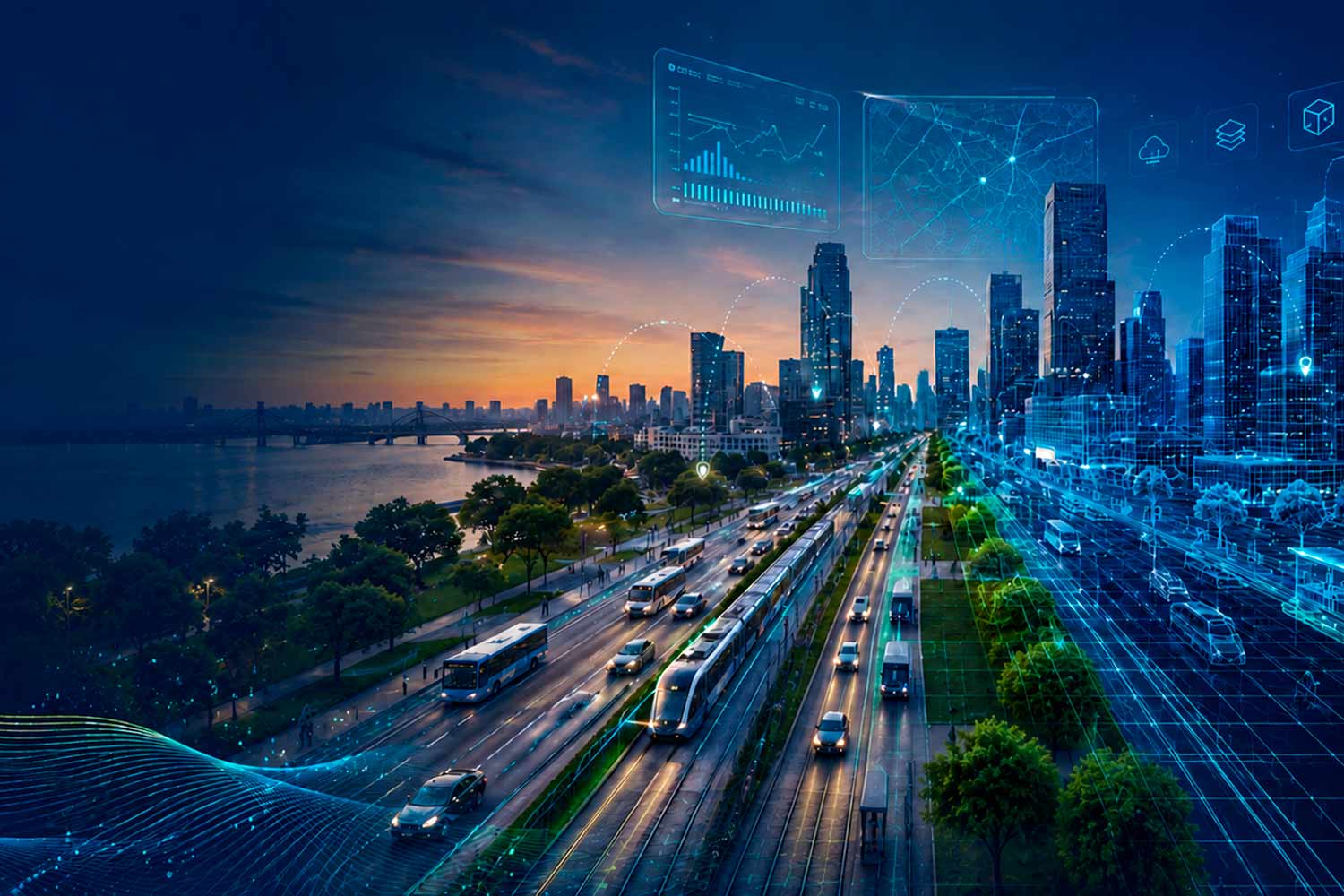 Imagem gráfica de uma cidade ao entardecer, com edifícios modernos, várias estradas e comboio em paralelo, em tons de azul e verde e pequenos pontos luminosos.