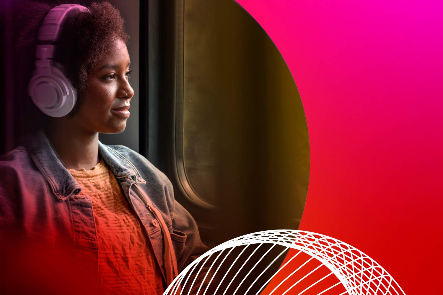 Image of a happy woman with headphones on, sitting by the window of a train or bus, inside a circle, against a colorful background in shades of red, orange, and pink, which are reflected in the clothes.