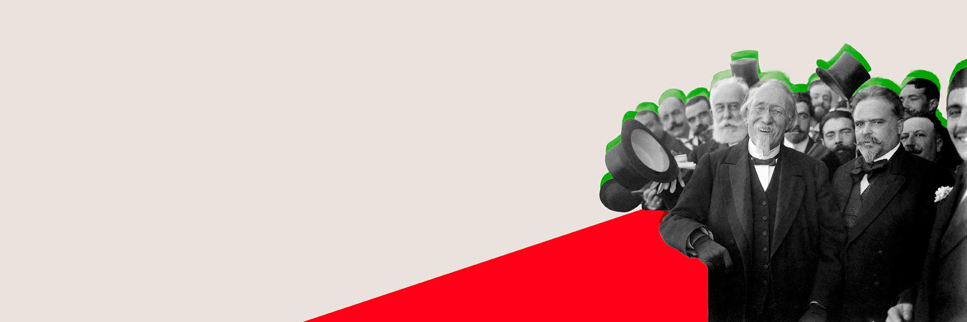 A vintage image composition featuring impeccably dressed men in black and white with geometric details in red and green.